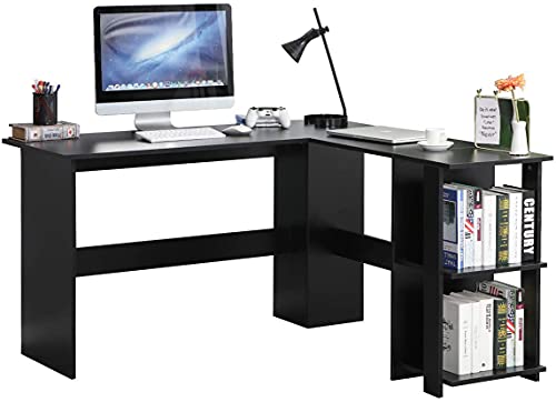 soges L-Shaped Desk with 2 Shelves, 51.2 inches Computer Desk Home Office Table Corner Desk Computer Workstations Black XTD-SC01-BK-N