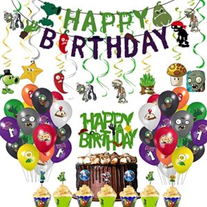 plants vs play game zombies party kit -happy birthday banner, cake topper, cupcake topper, cup cake wrapper,hanging swirl,balloon for kid gift pvsz birthday party supplies decoration,room decor,110pcs