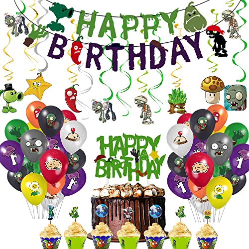 Plants Vs Play Game Zombies Party Kit -HAPPY BIRTHDAY Banner, Cake Topper, Cupcake Topper, Cup Cake Wrapper,Hanging Swirl,Balloon for Kid Gift PVSZ Birthday Party Supplies Decoration,Room Decor,110PCS