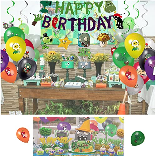 Plants Vs Play Game Zombies Party Kit -HAPPY BIRTHDAY Banner, Cake Topper, Cupcake Topper, Cup Cake Wrapper,Hanging Swirl,Balloon for Kid Gift PVSZ Birthday Party Supplies Decoration,Room Decor,110PCS