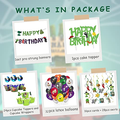 Plants Vs Play Game Zombies Party Kit -HAPPY BIRTHDAY Banner, Cake Topper, Cupcake Topper, Cup Cake Wrapper,Hanging Swirl,Balloon for Kid Gift PVSZ Birthday Party Supplies Decoration,Room Decor,110PCS