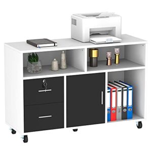 yitahome wood file cabinet, 2 drawer mobile lateral storage cabinet printer stand with lock and open storage shelves for home office, white,drawers without hanging bars