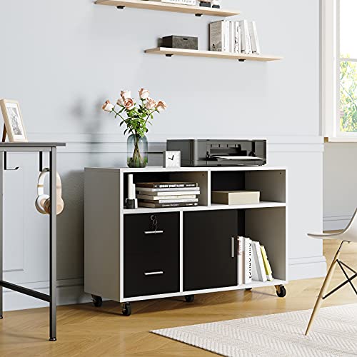 YITAHOME Wood File Cabinet, 2 Drawer Mobile Lateral Storage Cabinet Printer Stand with Lock and Open Storage Shelves for Home Office, White,Drawers Without Hanging Bars