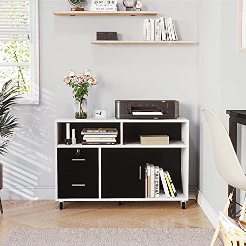 YITAHOME Wood File Cabinet, 2 Drawer Mobile Lateral Storage Cabinet Printer Stand with Lock and Open Storage Shelves for Home Office, White,Drawers Without Hanging Bars