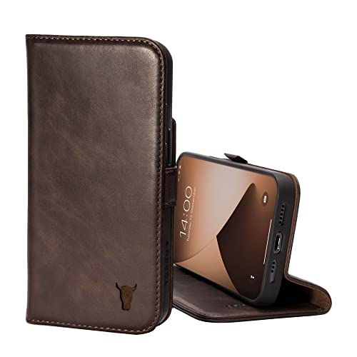 TORRO Leather Case Compatible with iPhone 12 / iPhone 12 Pro – Genuine Leather Wallet Case/Cover with Card Holder and Stand Function (Dark Brown)