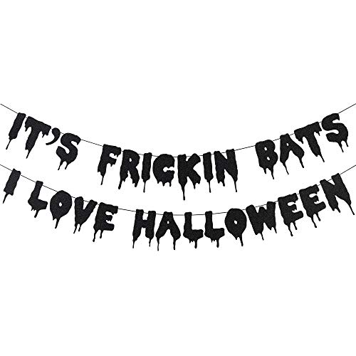 Black Glittery It's Frickin Bats I Love Halloween Banner- Halloween Theme Party Decorations,Halloween Party Supplies,Mantle Home Decor,Yard Decor