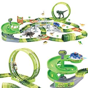 wesprex dinosaur track toy set 280 pcs, flexible race track playset w/ 240 tracks, 2 race cars, 1 ferris wheel (360 degree rotation). 1 rotary u-turn tower, dinosaur toy for kids boys girls age 3-12