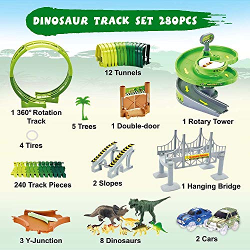 WESPREX Dinosaur Track Toy Set 280 PCS, Flexible Race Track Playset w/ 240 Tracks, 2 Race Cars, 1 Ferris Wheel (360 Degree Rotation). 1 Rotary U-Turn Tower, Dinosaur Toy for Kids Boys Girls Age 3-12