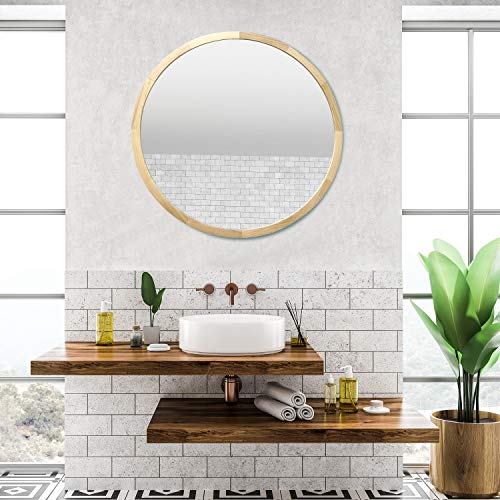 JIYUERLTD Round Mirrors 24inch Wall Mirrors Decorative Wood Frame Morden Mirrors for Bathroom Entryways Living Rooms and More. (Natural Wood)