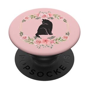 floral rose pink phone holder flowers black cats lovers popsockets popgrip: swappable grip for phones & tablets
