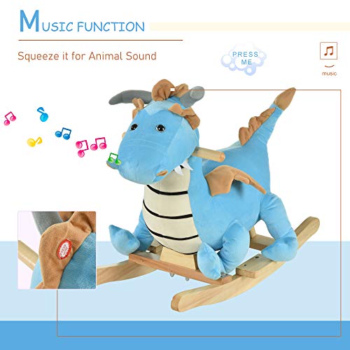 Qaba Kids Plush Ride-On Rocking Horse Toy Dinosaur Ride Rocking Chair with Realistic Sounds for18-36 Months, Blue