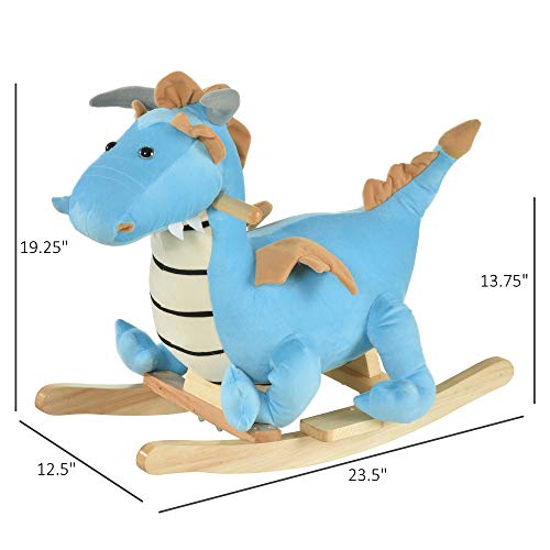 Qaba Kids Plush Ride-On Rocking Horse Toy Dinosaur Ride Rocking Chair with Realistic Sounds for18-36 Months, Blue