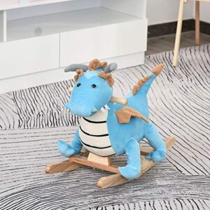 Qaba Kids Plush Ride-On Rocking Horse Toy Dinosaur Ride Rocking Chair with Realistic Sounds for18-36 Months, Blue