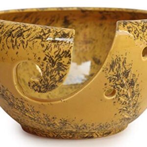 abhandicrafts Make Mom Feel Special on Mother's Day - 6 Inch Yellow Green Ceramic Brown Yarn Bowl for Knitting, Crochet for Moms Antique Hand Carved Leaf by Indian Artistians