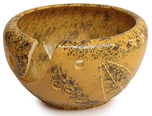 abhandicrafts Make Mom Feel Special on Mother's Day - 6 Inch Yellow Green Ceramic Brown Yarn Bowl for Knitting, Crochet for Moms Antique Hand Carved Leaf by Indian Artistians