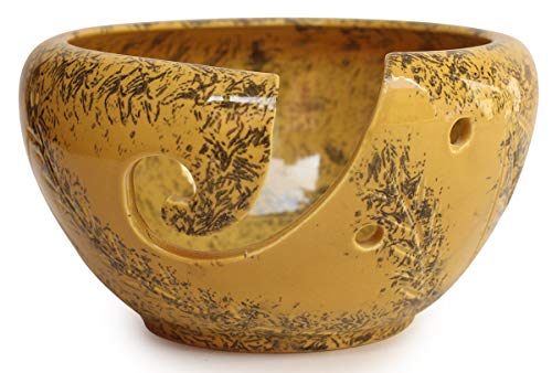 abhandicrafts Make Mom Feel Special on Mother's Day - 6 Inch Yellow Green Ceramic Brown Yarn Bowl for Knitting, Crochet for Moms Antique Hand Carved Leaf by Indian Artistians