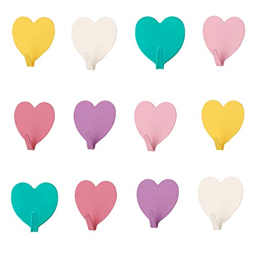 Adhesive Hooks Heart Shape Wall Hooks Hangers Heavy Duty Waterproof Creative Sticky Hanger Hook for Kitchen Utensils, Keys, Robe, Coat, Towel, Bags (Pack of 12)