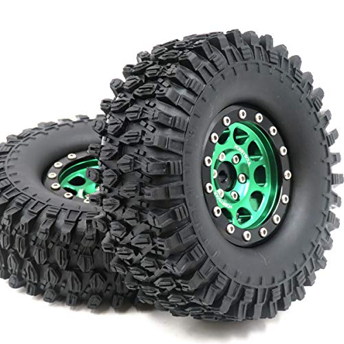 2pcs RC 1.9 Super Swamper Crawler Tires Tyre Height 108mm & Aluminum 1.9 Beadlock Wheel Rim Green/Black Color