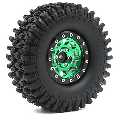 2pcs RC 1.9 Super Swamper Crawler Tires Tyre Height 108mm & Aluminum 1.9 Beadlock Wheel Rim Green/Black Color