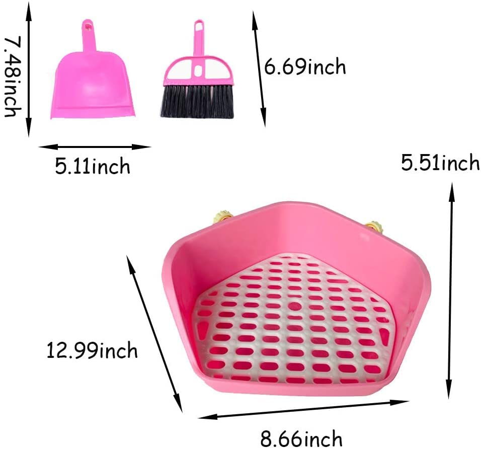 kathson Rabbit Litter Box Pet Toilet Cage Box Potty Trainer Corner with Small Animal Cage Cleaner Broom Brush Dustpan for Bunny Chinchilla Guinea Pig Ferret (Pink)