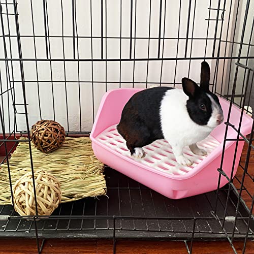 kathson Rabbit Litter Box Pet Toilet Cage Box Potty Trainer Corner with Small Animal Cage Cleaner Broom Brush Dustpan for Bunny Chinchilla Guinea Pig Ferret (Pink)