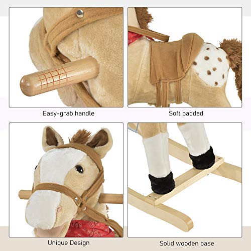 Qaba Kids Plush Ride-On Rocking Horse Toy Cowboy Rocker with Fun Realistic Sounds for Child 3-6 Years Old, Beige