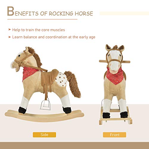 Qaba Kids Plush Ride-On Rocking Horse Toy Cowboy Rocker with Fun Realistic Sounds for Child 3-6 Years Old, Beige