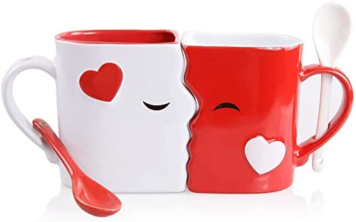 THE FASHION Set of 2 Creative Coffee Cups Double Bowl Ceramic Bowl Kiss Valentine's Day Couple Cups and Mugs High-grade Ceramics Mug Milk Water Tea Cup Drinkware Home Office Cup Lover Gift