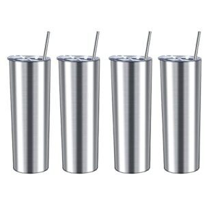cosictic 20 oz skinny tumbler set of 4, slim insulated stainless steel travel tumbler with lid and straw, skinny water tumbler for diy birthday gift, silver
