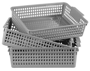 plastic storage basket - 4 pack plastic organizing basket gray storage basket with handles plastic storage bins for organizing fit for home office accessories toys bathroom kitchen