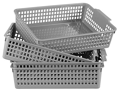 Plastic Storage Basket - 4 Pack Plastic organizing basket Gray Storage Basket with Handles Plastic Storage Bins for Organizing Fit for Home Office Accessories Toys Bathroom Kitchen