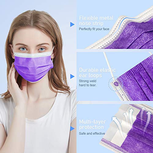 70PCS Adult Size Disposable Protective Face Mask 3-Layer Individually Packed, Soft Elastic Earloop Skin-Friendly Breathable Adjustable Fit Nose Clip Sanitary Safe Nonwoven Fabric Filtration (Lavender)