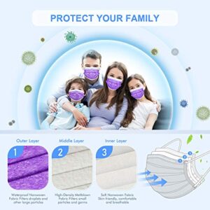 70PCS Adult Size Disposable Protective Face Mask 3-Layer Individually Packed, Soft Elastic Earloop Skin-Friendly Breathable Adjustable Fit Nose Clip Sanitary Safe Nonwoven Fabric Filtration (Lavender)