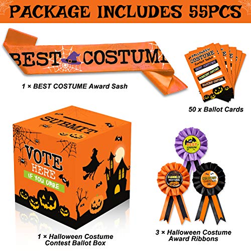 55 PCS Halloween Costume Contest Ballot Kit Orange Halloween Party Supplies Costume Contest Ballot Box Voting Cards Award Ribbons Best Costume Award Sash for Halloween Dress-Up Party Home Office Game