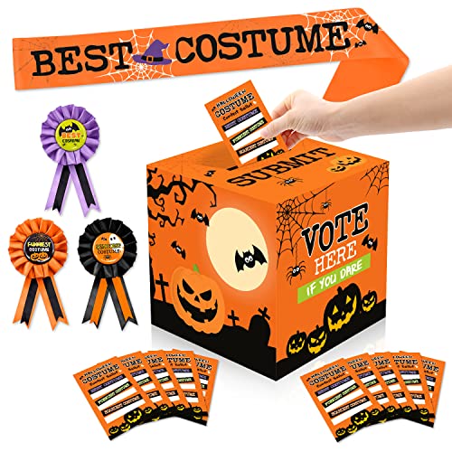 55 PCS Halloween Costume Contest Ballot Kit Orange Halloween Party Supplies Costume Contest Ballot Box Voting Cards Award Ribbons Best Costume Award Sash for Halloween Dress-Up Party Home Office Game