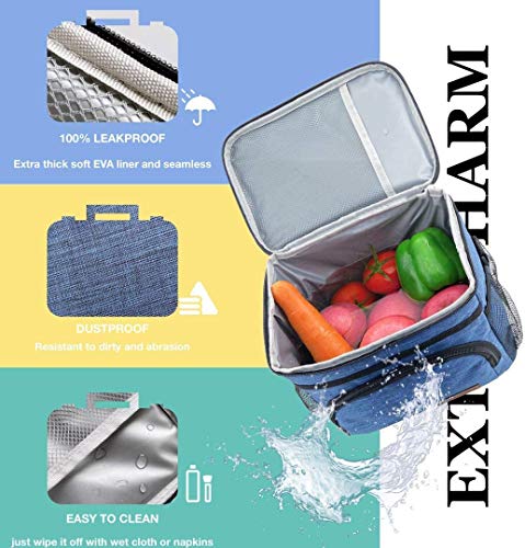 ExtraCharm Insulated Lunch Bag for Women/Men - Reusable Lunch Box for Office Picnic Hiking Beach - Leakproof 12-Can Coke Cooler Tote Bag Organizer with Adjustable Shoulder Strap for Adults - Blue