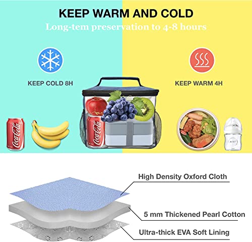 ExtraCharm Insulated Lunch Bag for Women/Men - Reusable Lunch Box for Office Picnic Hiking Beach - Leakproof 12-Can Coke Cooler Tote Bag Organizer with Adjustable Shoulder Strap for Adults - Blue