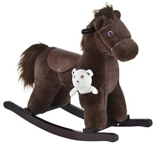 qaba kids plush ride-on rocking horse with bear toy, children chair with soft plush toy & fun realistic sounds, brown