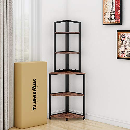 Tribesigns 5-Tier Corner Shelf, 60 Inch Corner Bookshelf Small Bookcase for Living Room, Industrial Corner Storage Rack Plant Stand with Metal Frame for Home Office