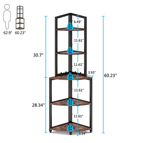 Tribesigns 5-Tier Corner Shelf, 60 Inch Corner Bookshelf Small Bookcase for Living Room, Industrial Corner Storage Rack Plant Stand with Metal Frame for Home Office