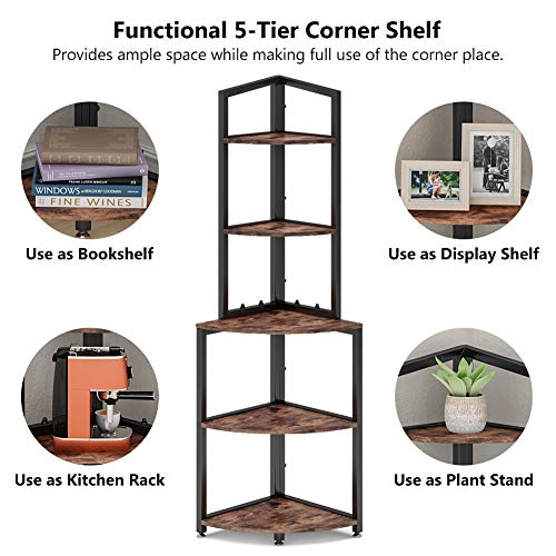 Tribesigns 5-Tier Corner Shelf, 60 Inch Corner Bookshelf Small Bookcase for Living Room, Industrial Corner Storage Rack Plant Stand with Metal Frame for Home Office