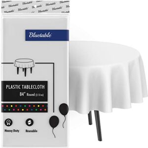 white plastic tablecloth round disposable table cloth (84” inches) 4, 5, or 6 foot round tables, premium (manteles para fiestas) white party tablecloths [6 pack]