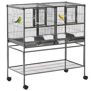 pawhut divided breeder bird cage with rolling stand removable metal tray, storage shelf, wood perch, and food container