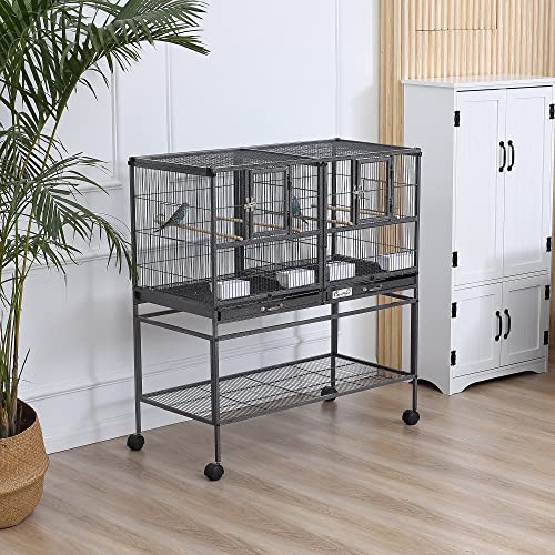 PawHut Divided Breeder Bird Cage with Rolling Stand Removable Metal Tray, Storage Shelf, Wood Perch, and Food Container