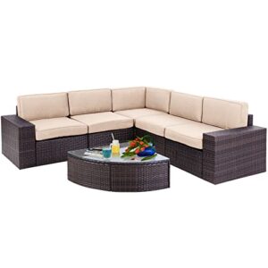 incbruce 6-piece outdoor patio furniture sofa set, all-weather wicker sectional couch, patio garden conversation sets with glass wedge coffee table and washable cushions (light brown)