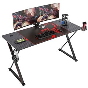 eureka ergonomic gaming desk 55 inch,pc gaming table, x shaped gaming computer desk with mouse pad, carbon fiber home office gamer desk with cup holder & headphone hook & controller stand,black