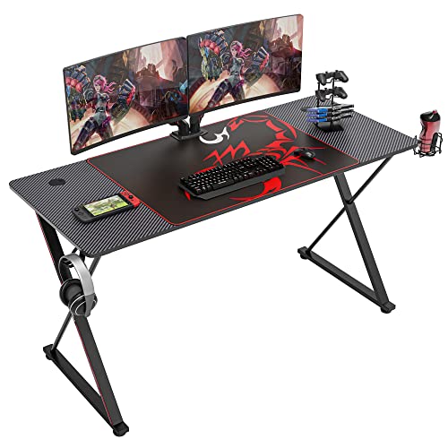 EUREKA ERGONOMIC Gaming Desk 55 Inch,PC Gaming Table, X Shaped Gaming Computer Desk with Mouse Pad, Carbon Fiber Home Office Gamer Desk with Cup Holder & Headphone Hook & Controller Stand,Black