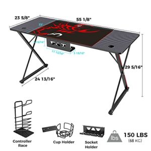 EUREKA ERGONOMIC Gaming Desk 55 Inch,PC Gaming Table, X Shaped Gaming Computer Desk with Mouse Pad, Carbon Fiber Home Office Gamer Desk with Cup Holder & Headphone Hook & Controller Stand,Black