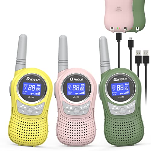 QNIGLO Walkie Talkie for Kids Rechargeable, Kids Walkie Talkies 3 Pack, Outdoor Camping Games with 𝗟𝗶-𝗶𝗼𝗻 𝗕𝗮𝘁𝘁𝗲𝗿𝘆, Toys for Boys Girls Walkie Talkies Halloween Xmas Birthday Gifts