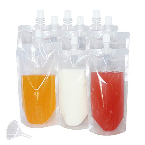 50 beverage bags, transparent smoothie bag container, heavy-duty hand-held leak-proof and sealable beverage bag, 8.4oz for frozen juice beverage bottles, a plastic funnel (250ml)